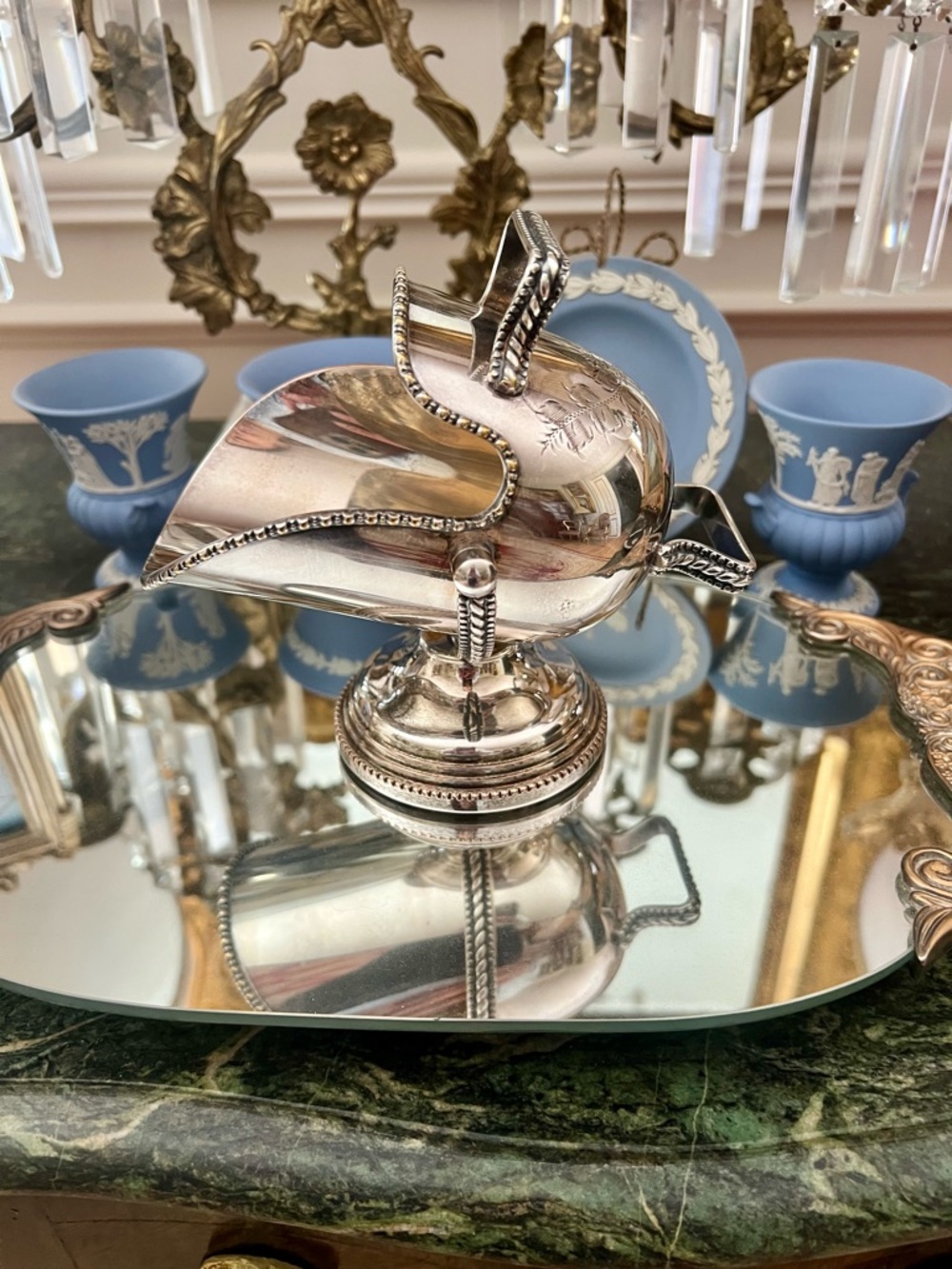 Antique Silver Plated Sugar Scuttle: Hand Engraved Floral Design, Swing Mount